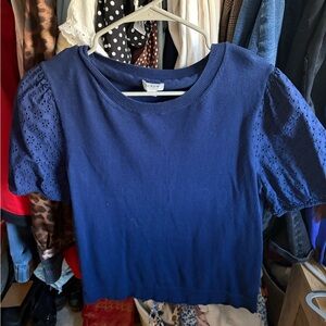 J. Crew Navy Eyelet Puff-Sleeve Knit Top